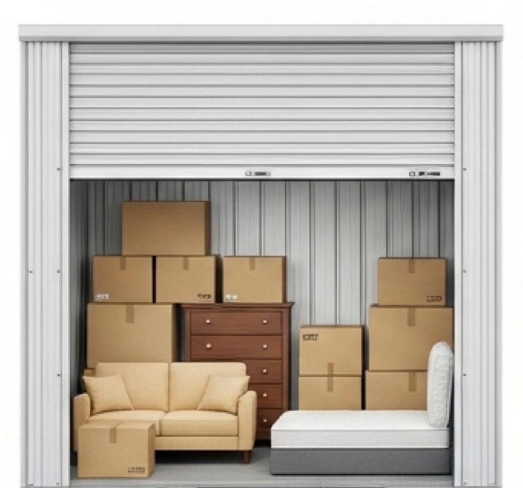 Storage unit with multiple boxes and articles inside (small house items like couch, dresser, small bed and boxes)
