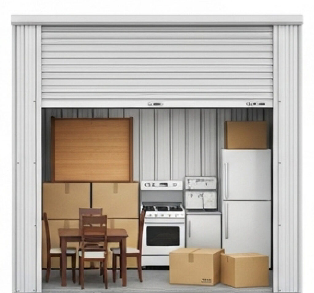 Storage unit with multiple boxes and articles inside (kitchen items like fridge, stove, dinning table and chair set, boxes)