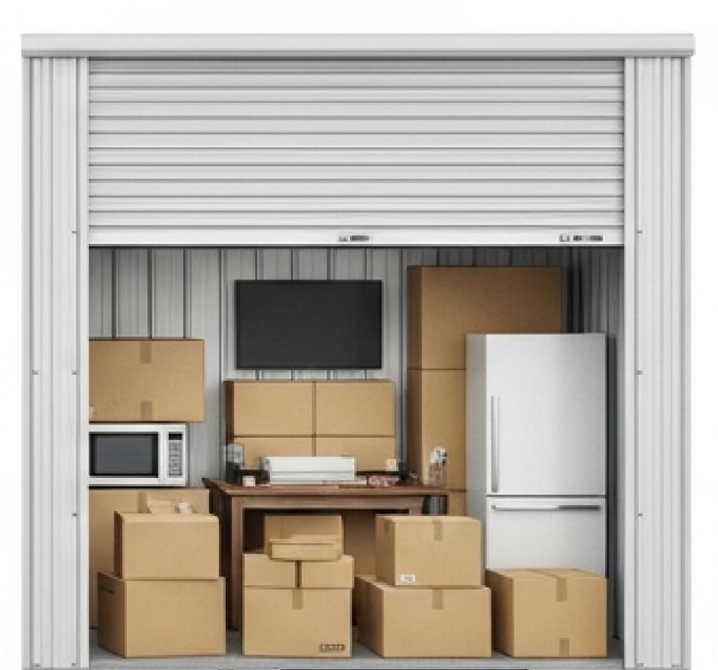 Storage unit with multiple boxes and articles inside (tv, microwave, fridge, desk, boxes).