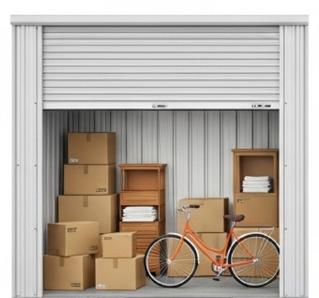 Storage unit with multiple boxes and articles inside (boxes, a bike, a few dressers)